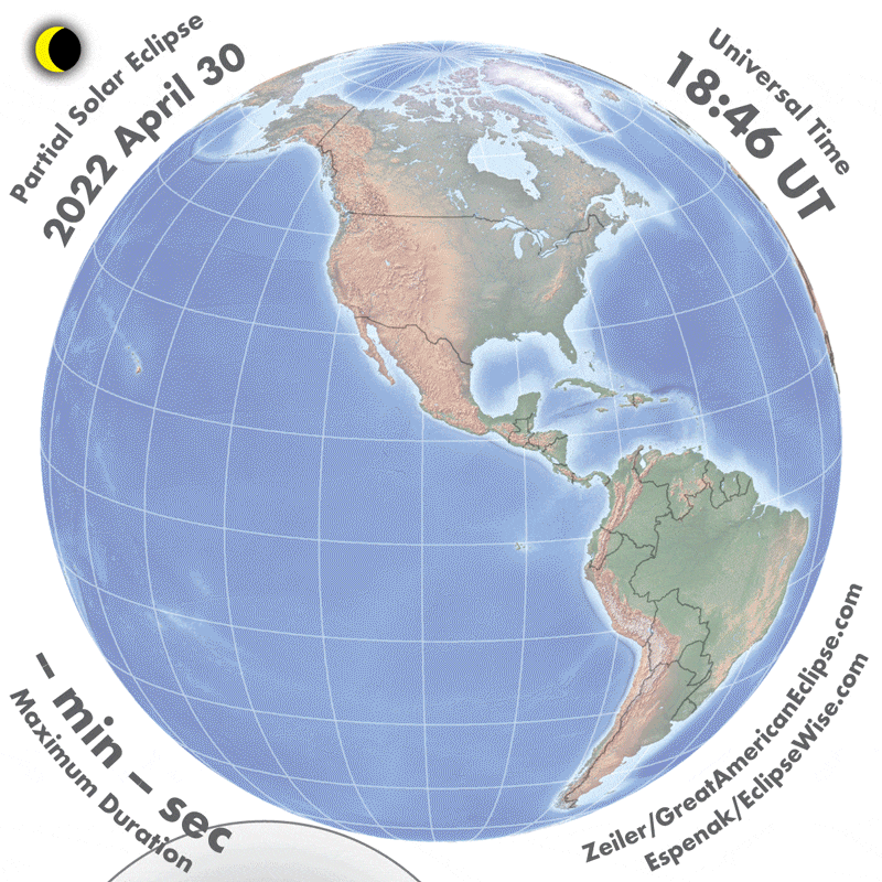 Animation showing moon's shadow sweeping across the southernmost part of Earth globe.