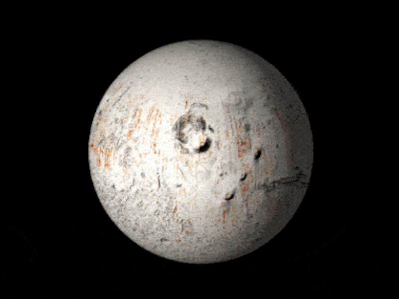 Spinning, white-colored planet with small red markings on its surface.