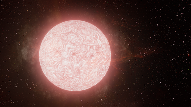 Dying star's explosive end: A giant star covered with swirls surrounded by gas with other stars in background.