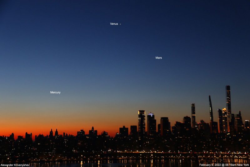 3 labeled planets over the New York City skyline in deep blue sky with orange dawn at horizon.