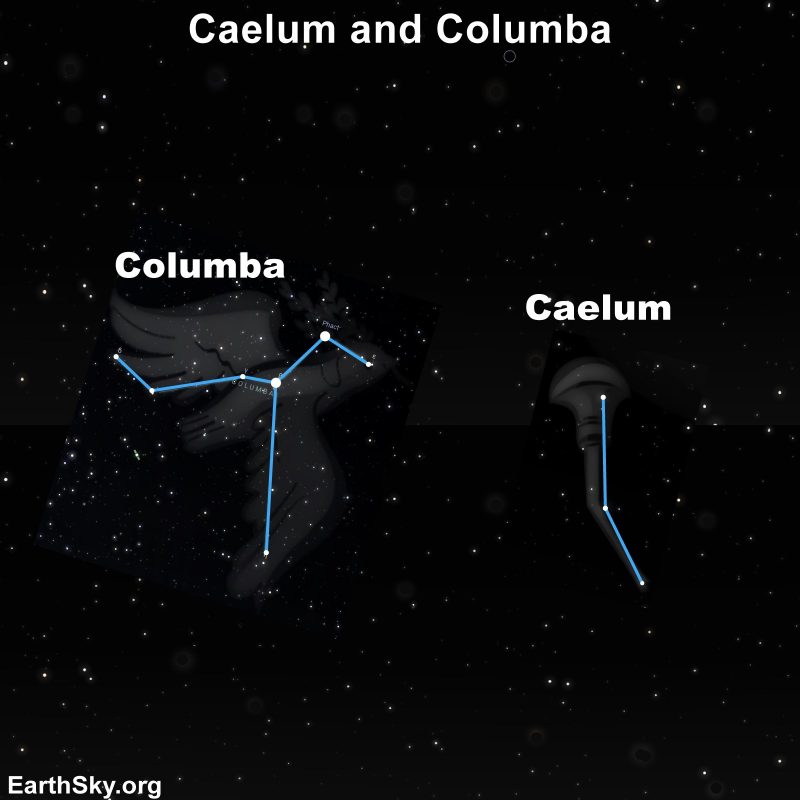 Black background with white dots and lines labeling Columba and Caelum.
