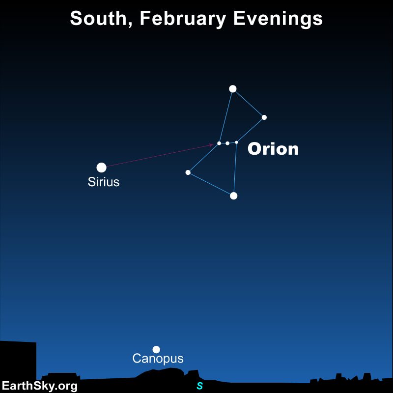 Sirius with line pointing to Orion's belt in the larger constellation.