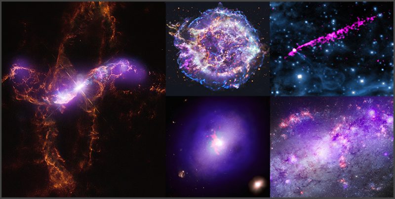 Five Chandra X-ray images showing wispy, colorful gas spheres and rings on a black background.