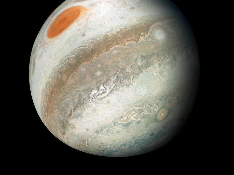 Planet circled by swirly bands of clouds with a large oval red spot near the top.