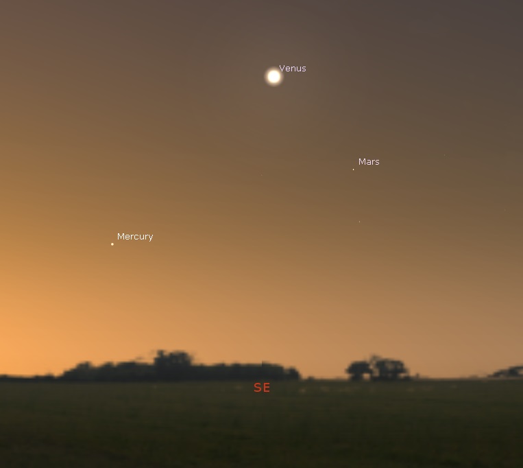 Orangish morning sky with Venus, Mars and Mercury.