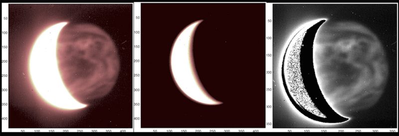 Three images side-by-side of a bright crescent planet.