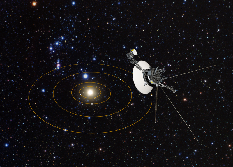 Where is Voyager 2 going? Nearby sharply lit spacecraft looking down on distant solar system (orbits shown as yellow rings) in starry space.