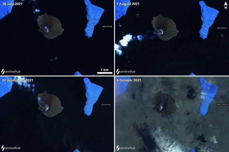 Four orbital views of small roundish island with glowing spot in center and puffs of smoke.