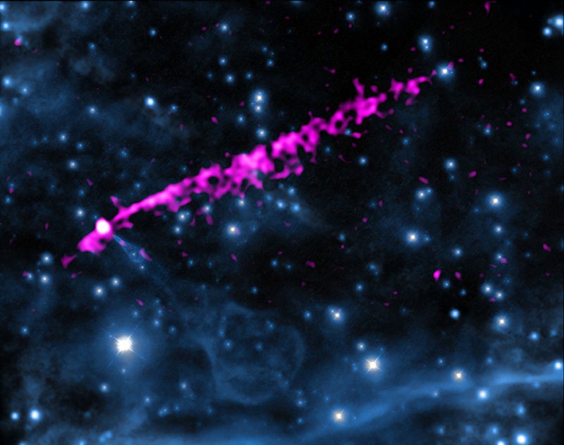 White stars and light blue smears with magenta blurry line from center left to upper right.