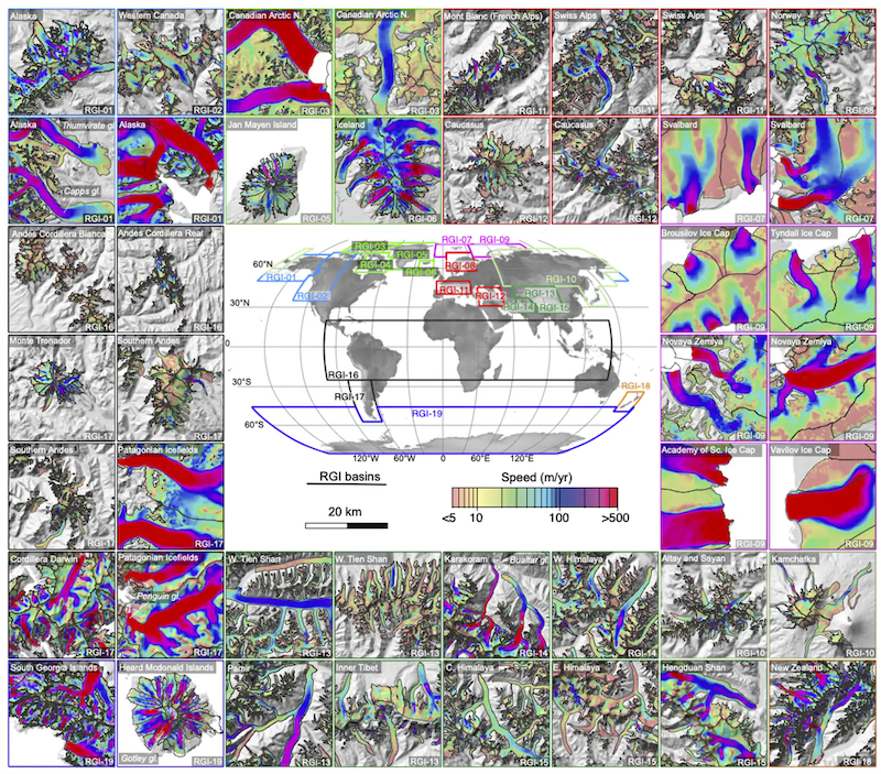 Many small maps with glaciers in false color, and a central global map.