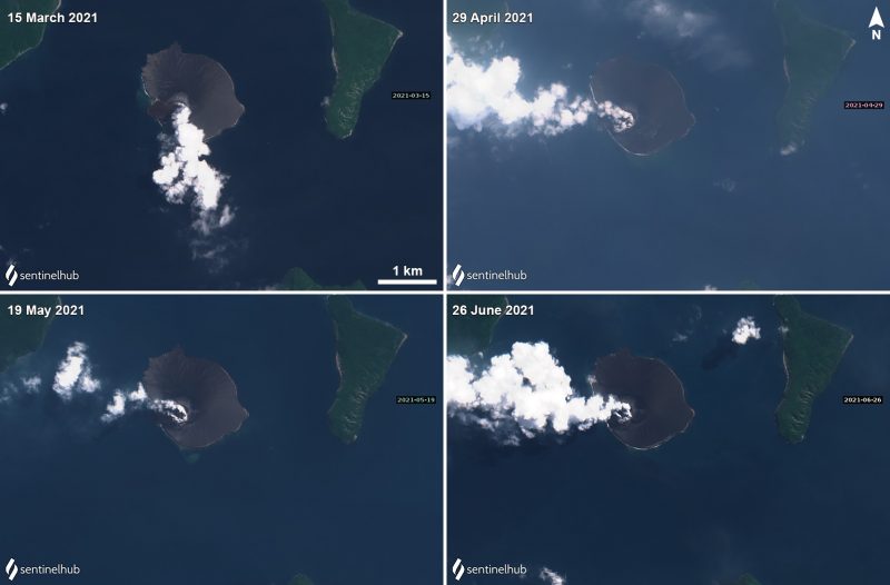 4 images of smoke pouring from a volcano, March to June, 2021.