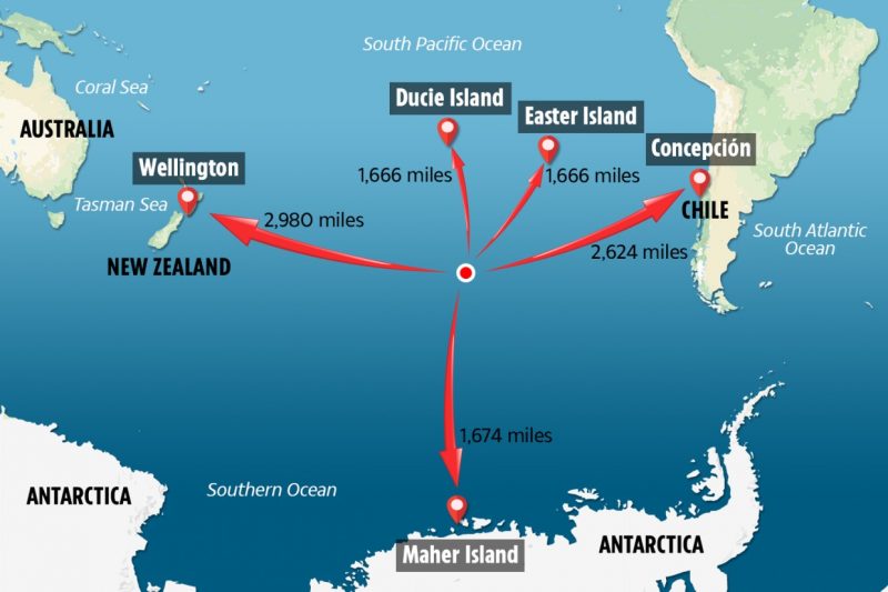 Map of southern Pacific with red arrows going from central spot to various distant islands.