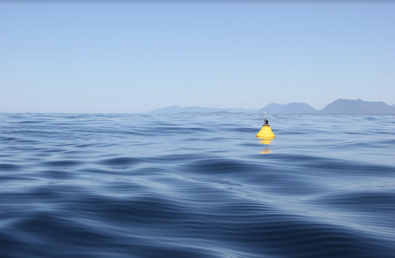 Lonely cone-shaped yellow buoy floating in the open ocean with hilly coast in the distance.