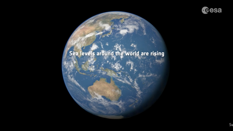 Global sea level: Planet Earth, with text saying: Sea levels around the world are rising.