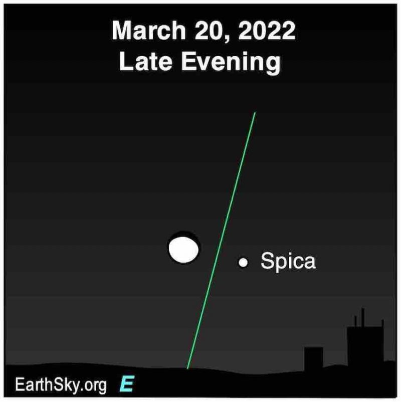 Chart showing moon and Spica, late evening, March 20.