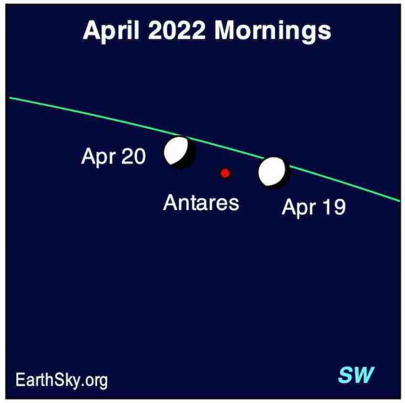 Two waning gibbous moons, one labeled Apr 20 and one Apr 19, are on either side of a red dot labeled Antares.