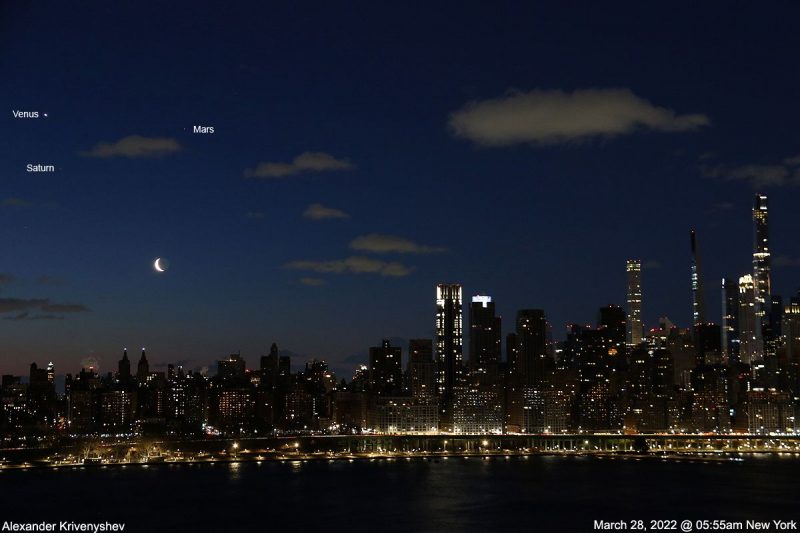 Dawn with New York City skyline, the moon and three bright planets.