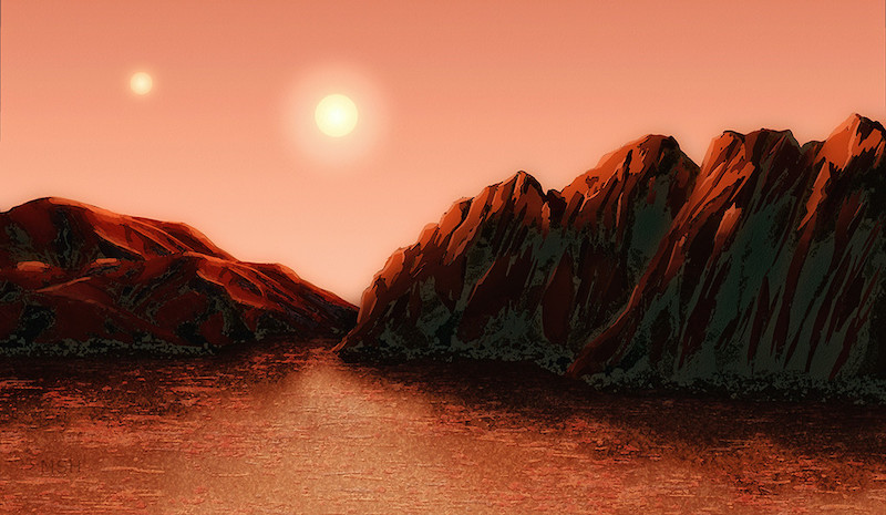 Alpha Centauri: Reddish cliffs and ocean with two bright suns in a pink sky.