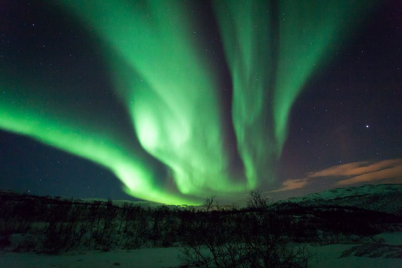 Solar storms: Green curtains in a black sky over a dark landscape.