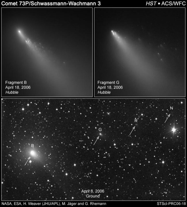 Comet pieces, separate and glowing against starry black background.