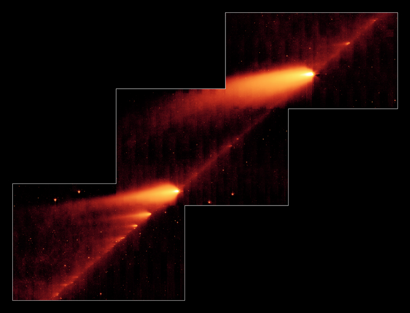 Tau Herculid meteors: Bright blobs with yellow tails along a line of irregular orange dots.