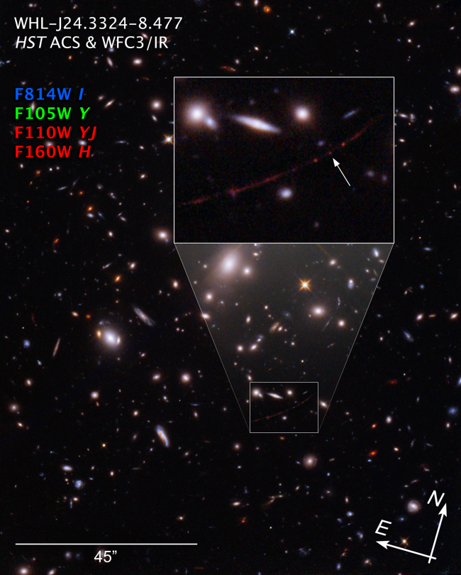 Distant field of galaxies with enlarged inset with an arrow pointing to a faint red star.