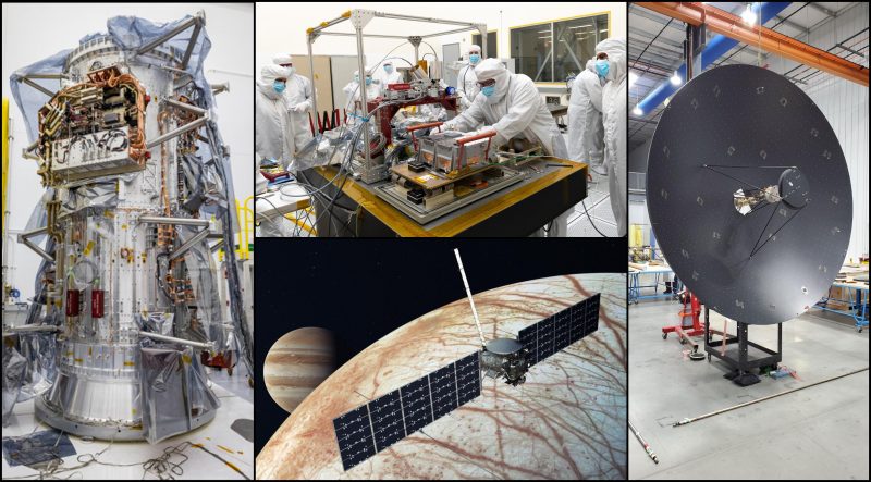 4 images of assembly of Europa Clipper with one artist's concept of it near the moon Europa.