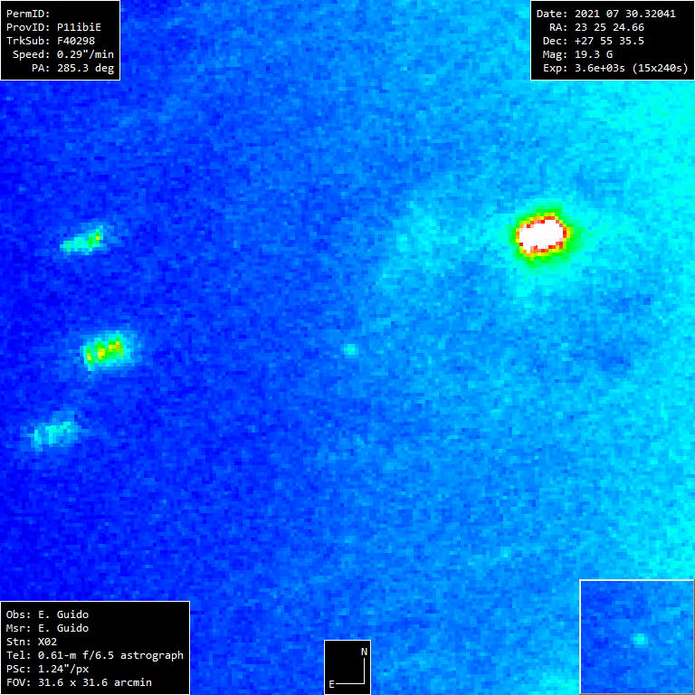 Binocular comet: Blue background with small colorful blotches and slightly brighter blue dot in center.
