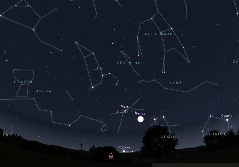 Venus after sunset: Sky chart of bright Venus and many labeled constellations and stars.