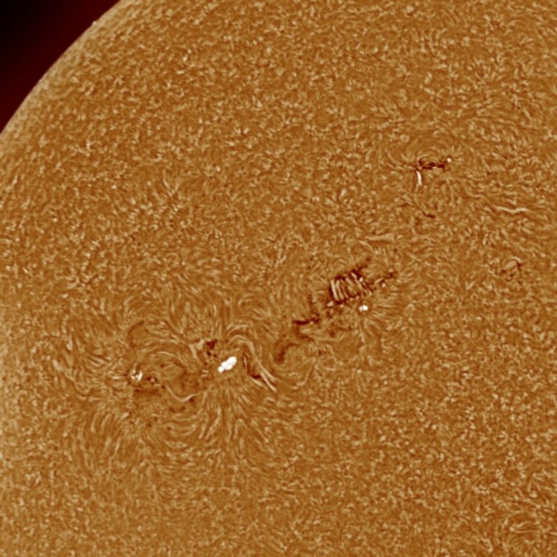 Close-up of the sun, seen as a large yellow sphere with a mottled surface.