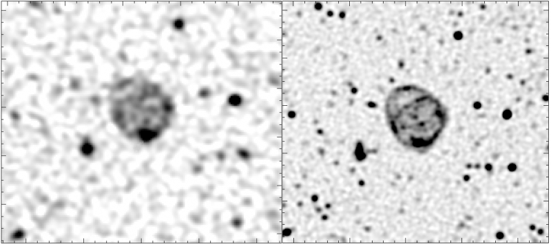 Left image blurry version of right image, white background, black dots and nebulous feature at center.