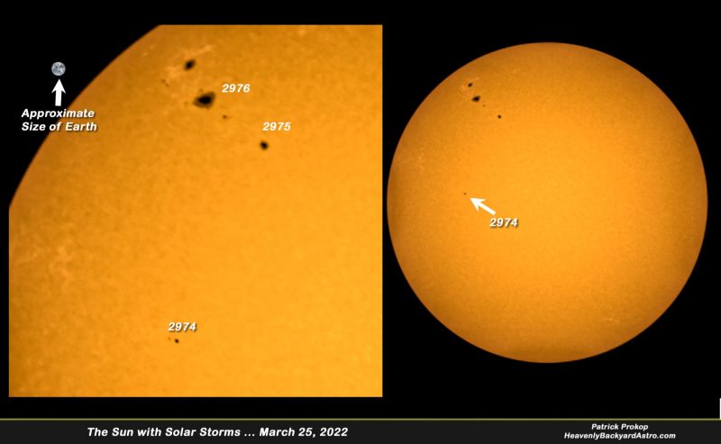 Two pictures of the sun, displaying a large yellow sphere with small dark spots, together with a magnified view of the spots.
