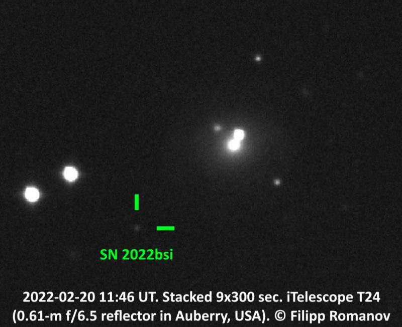 Supernova: White dots on black background, green lines pointing out faint dot.