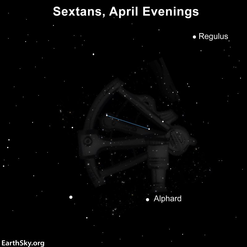 Sextans: Star field with 2 dots connected by a line, faint outline of a sextant around them.