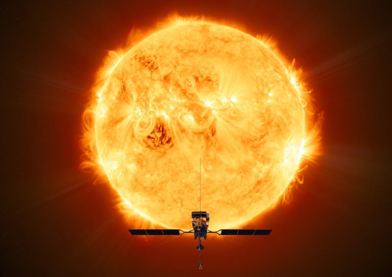 Fiery ball of the sun with probe at bottom.