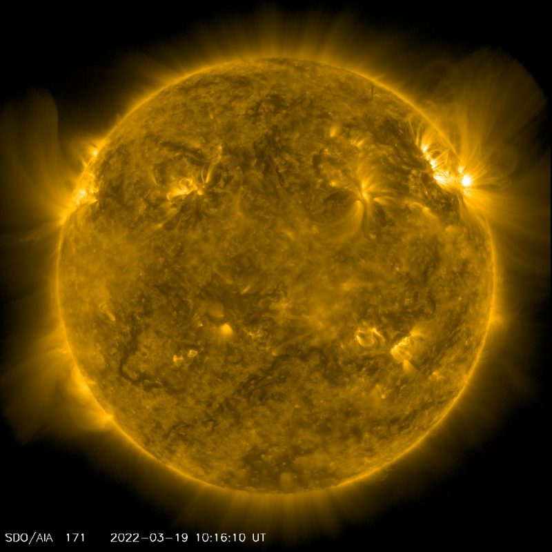 Yellow and black image of sun activity  with streamers at top right and left.