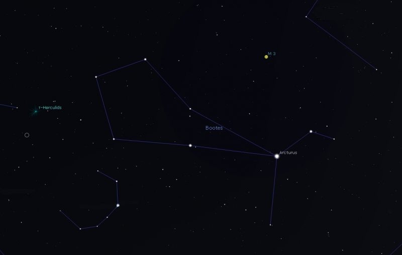 Star chart of Bootes with meteor shower indicated on left and M3 on right.