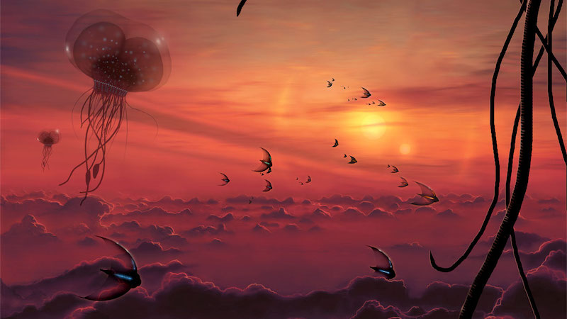 Jellyfish-like and bird-like creatures in alien planet's red and orange atmosphere.