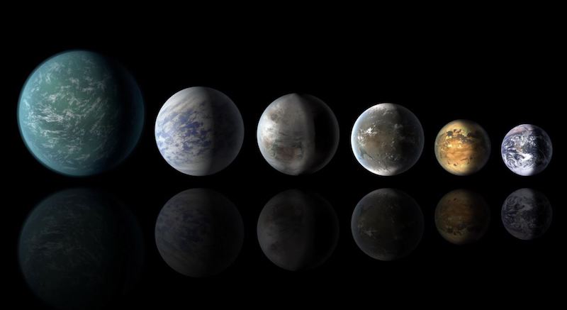 Searching for life: Six Earth-like planets in a row, on a black background.