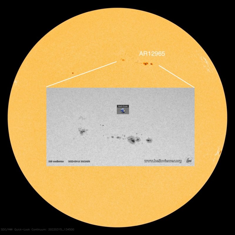 Yellow globe (the sun) with dark patches (sunspots) and a rectangle showing a zoomed-in picture of AR2965 (sunspots) with an Earth for scale.