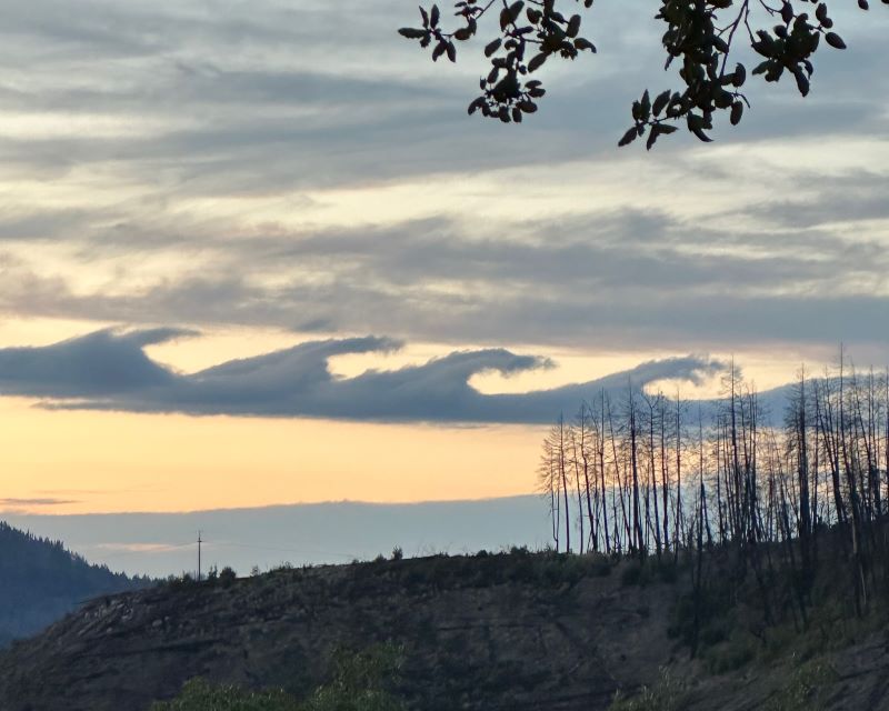 Foreground hill with a pinkish sky and dark blue clouds shaped like waves.