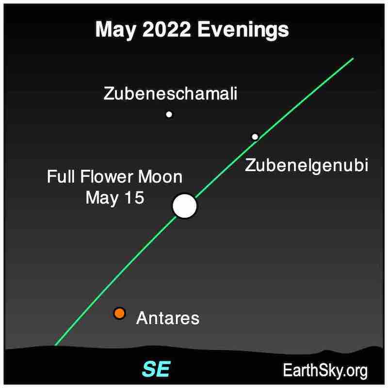 Full moon with two dots labeled Zubenelgenubi and Zubeneschamali. Red circle of Antares at bottom.