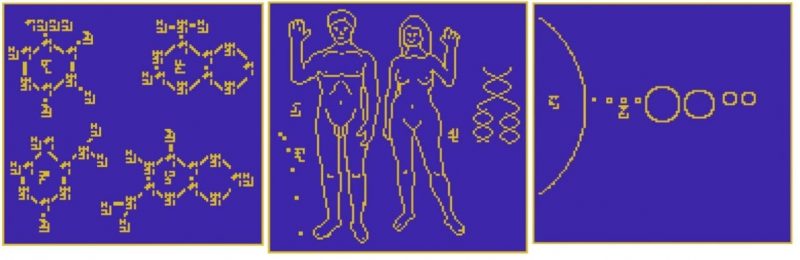 Three blue squares with figures of helixes, people and the solar system.