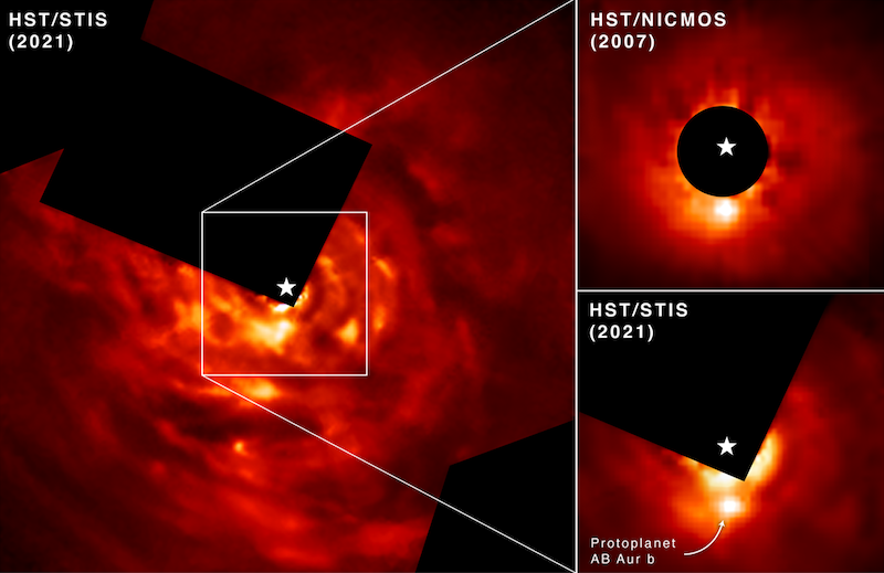 Hubble: 3 images of bright star surrounded by glowing reddish clouds, black square shapes and white lines and text.