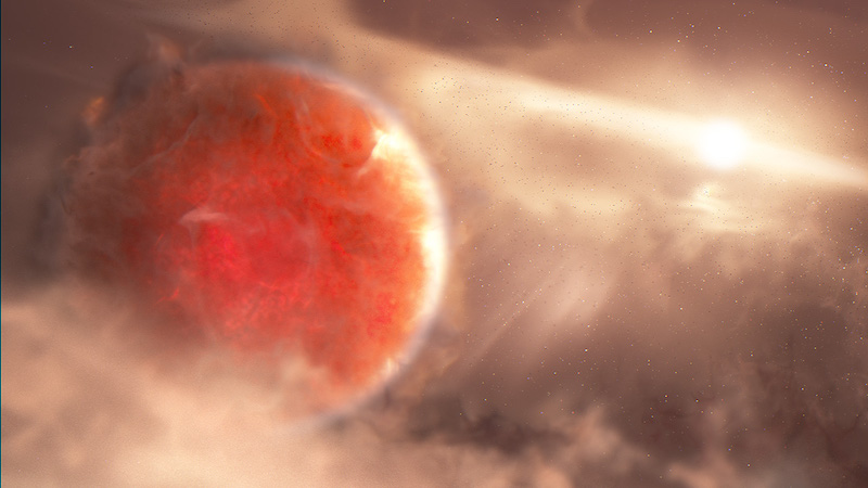 Newly-formed planet near a young bright star in cloud of gas and dust.