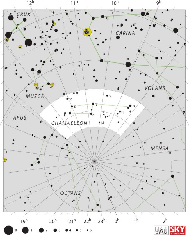 Star chart of Chamaeleon constellation with stars in black on white.