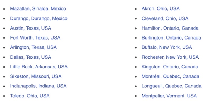 Two-column table with cities in Mexico, US, and Canada listed.