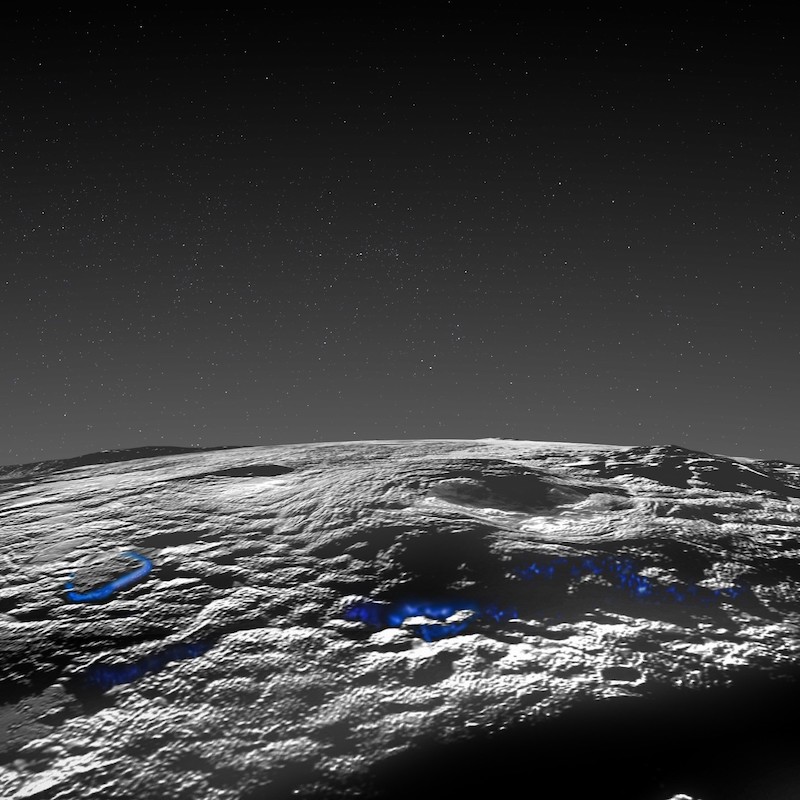 Rocky, bumpy terrain in gray, with blue spots and lines drawn on it, and haze and stars above it.