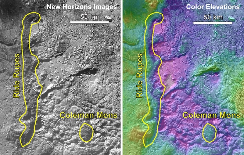 Rocky gray terrain in image on left, same image multicolored on right, with labeled areas outlined in yellow.