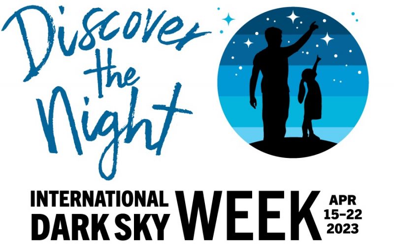 International Dark Sky Week: Logo with words and circle in corner and silhouette of man and girl pointing at the sky.